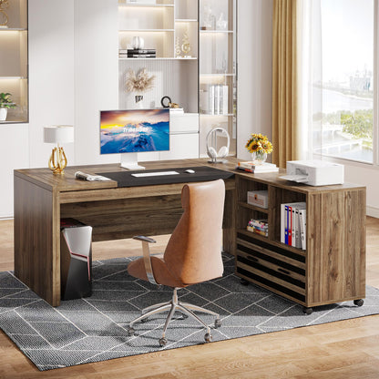Tribesigns 62.2" Executive Desk with Mobile File Cabinet, L-Shaped Office Desk with Storage Shelves, Large Computer Workstation for Home Office, Light Brown