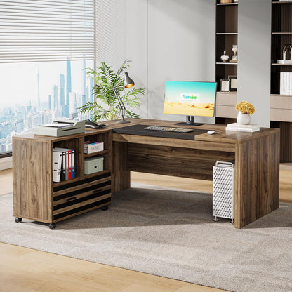 Tribesigns 62.2" Executive Desk with Mobile File Cabinet, L-Shaped Office Desk with Storage Shelves, Large Computer Workstation for Home Office, Light Brown