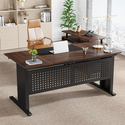 Tribesigns 63 Inch Executive Desk with File Cabinet, Large Office Desk L Shaped Computer Desk with Drawers and Storage Shelves, Business Furniture Desk Workstation for Home Office, Brown and Black