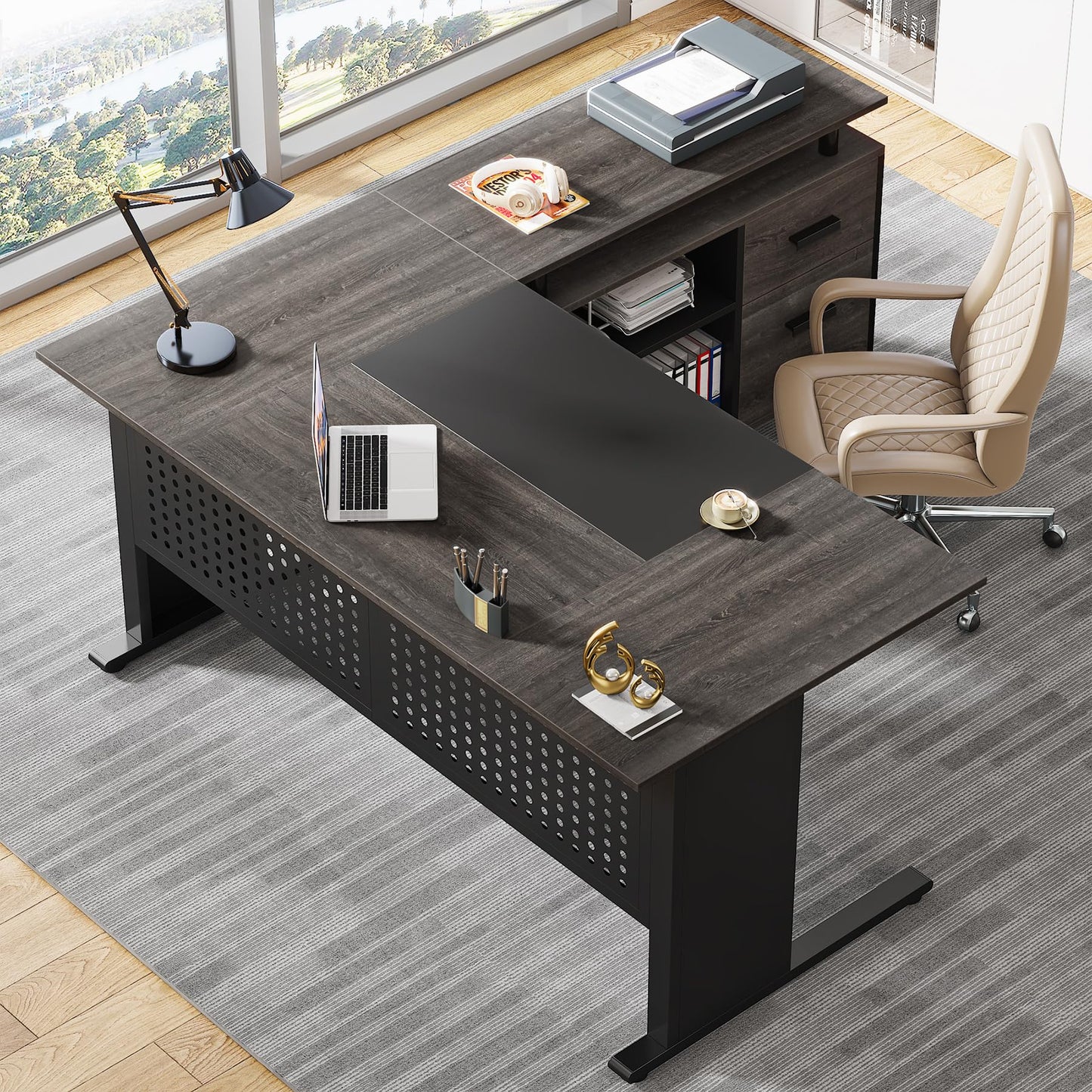 Tribesigns 63 Inch Executive Desk with File Cabinet, Large Office Desk L Shaped Computer Desk with Drawers and Storage Shelves, Business Furniture Desk Workstation for Home Office, Brown and Black