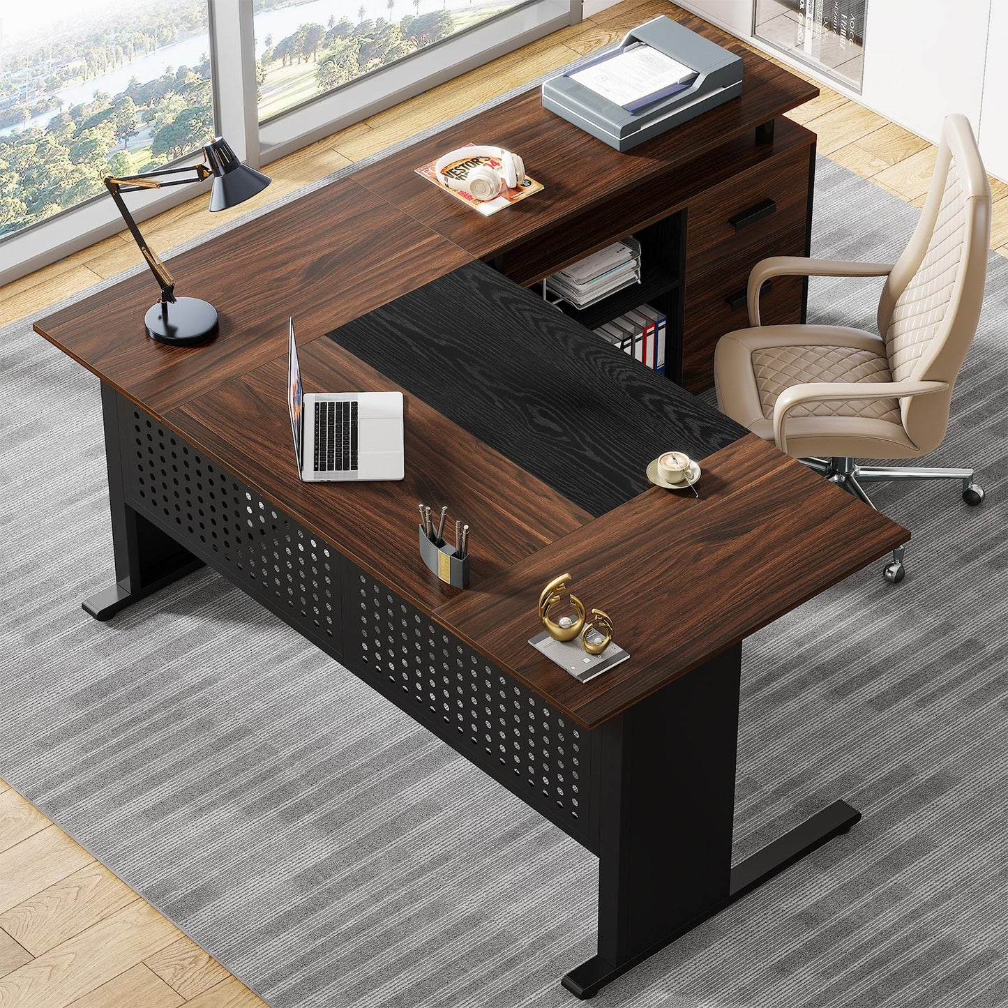 Tribesigns 63 Inch Executive Desk with File Cabinet, Large Office Desk L Shaped Computer Desk with Drawers and Storage Shelves, Business Furniture Desk Workstation for Home Office, Brown and Black