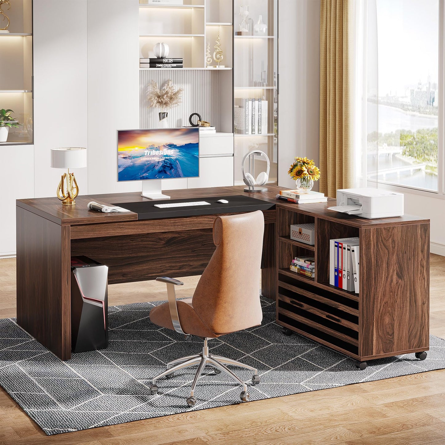Tribesigns 62.2" Executive Desk with Mobile File Cabinet, L-Shaped Office Desk with Storage Shelves, Large Computer Workstation for Home Office, Light Brown