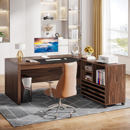 Tribesigns 62.2" Executive Desk with Mobile File Cabinet, L-Shaped Office Desk with Storage Shelves, Large Computer Workstation for Home Office, Light Brown