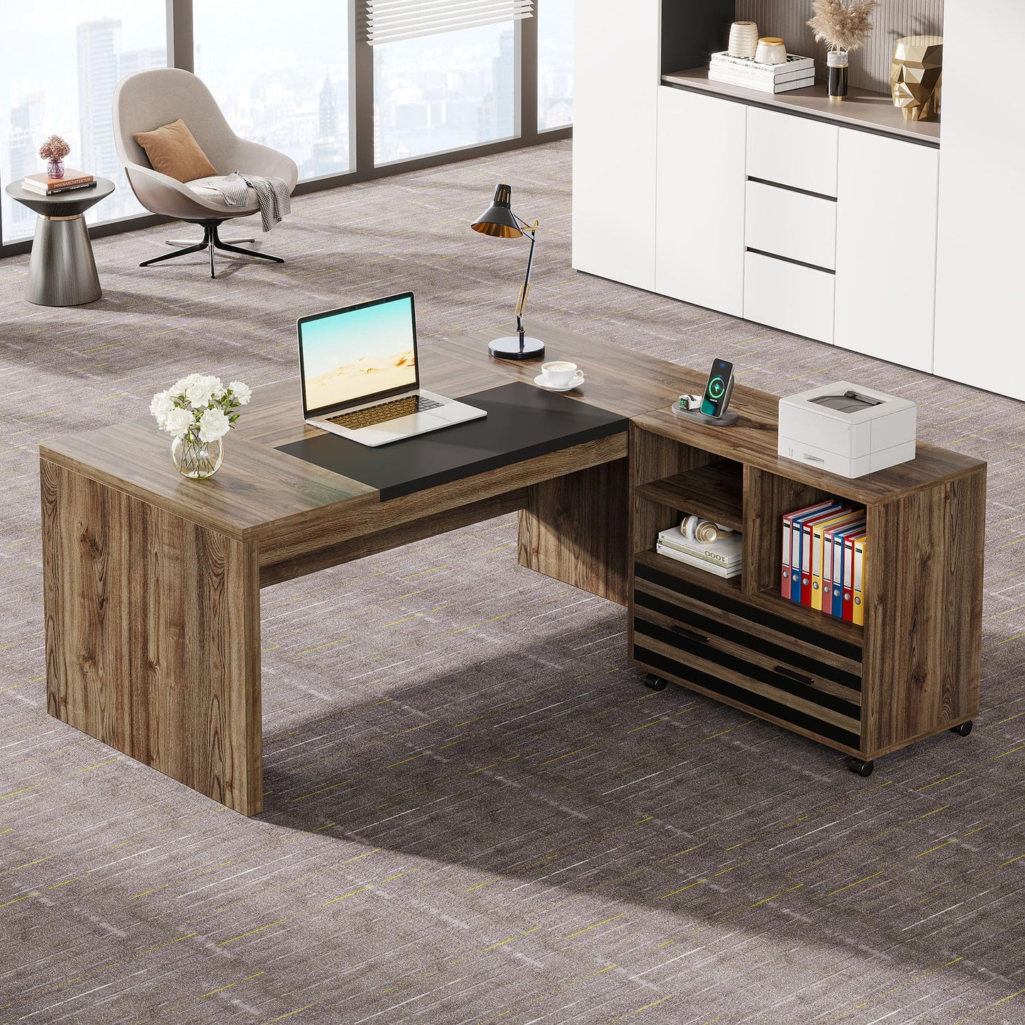 Tribesigns 62.2" Executive Desk with Mobile File Cabinet, L-Shaped Office Desk with Storage Shelves, Large Computer Workstation for Home Office, Light Brown