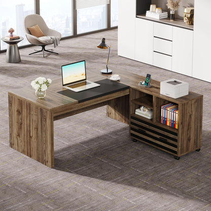Tribesigns 62.2" Executive Desk with Mobile File Cabinet, L-Shaped Office Desk with Storage Shelves, Large Computer Workstation for Home Office, Light Brown