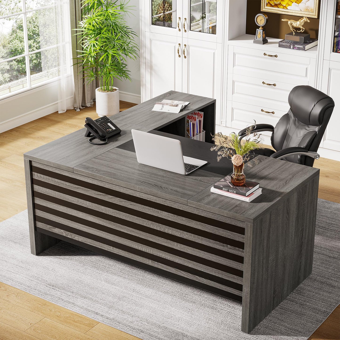 Tribesigns 62.2" Executive Desk with Mobile File Cabinet, L-Shaped Office Desk with Storage Shelves, Large Computer Workstation for Home Office, Light Brown