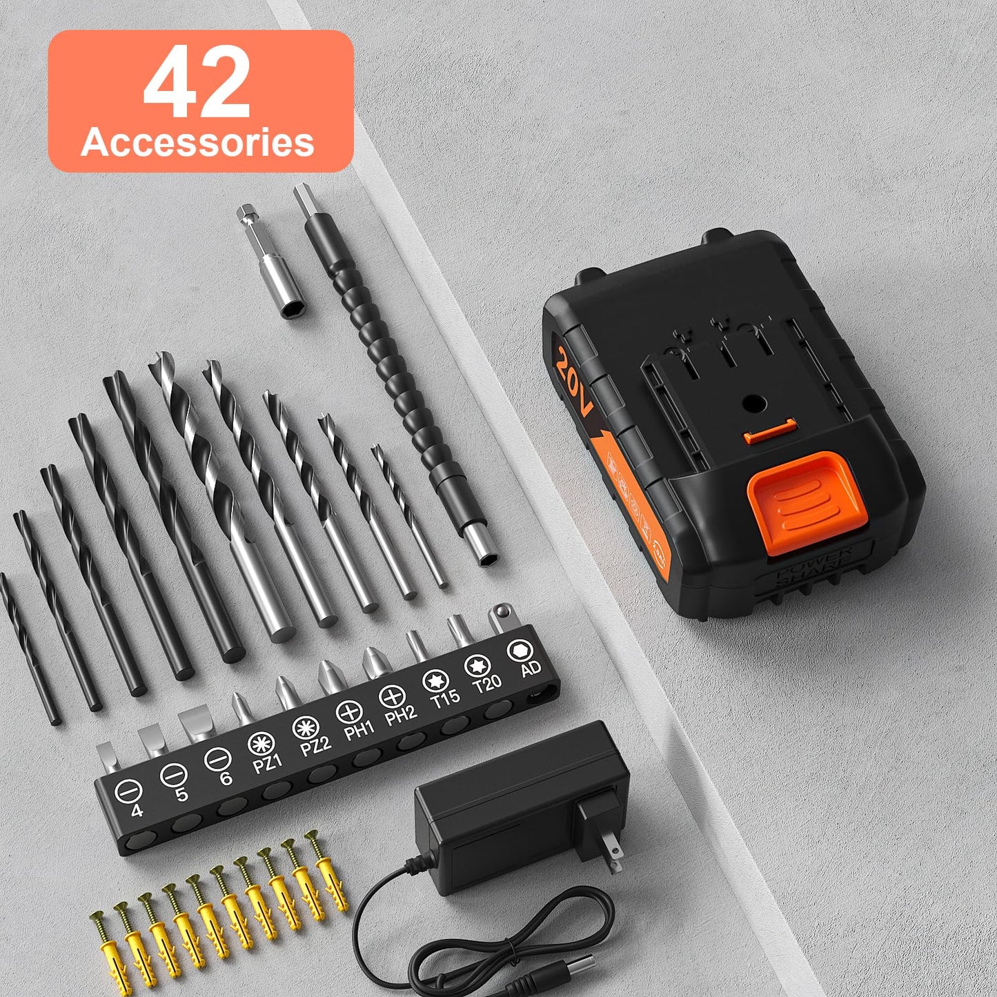 Cordless Drill Set, VIWKO 20V Power Drill with Power Pack 2.0Ah and Charger, 3/8-Inch Keyless Chuck Electric drill, 25+1 Position, 42pcs Drilldriver Bits/Screws for DIY Projects (Orange)