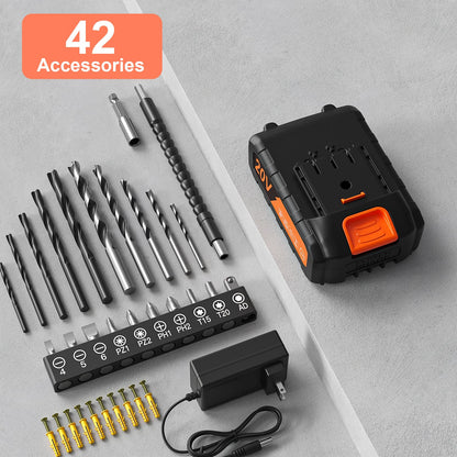 Cordless Drill Set, VIWKO 20V Power Drill with Power Pack 2.0Ah and Charger, 3/8-Inch Keyless Chuck Electric drill, 25+1 Position, 42pcs Drilldriver Bits/Screws for DIY Projects (Orange)