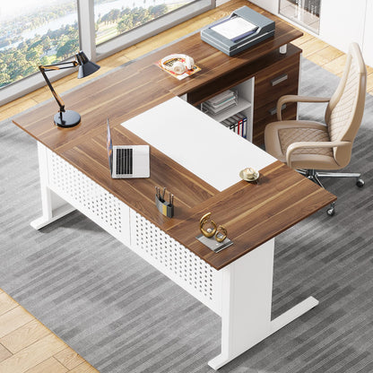 Tribesigns 63 Inch Executive Desk with File Cabinet, Large Office Desk L Shaped Computer Desk with Drawers and Storage Shelves, Business Furniture Desk Workstation for Home Office, Brown and Black