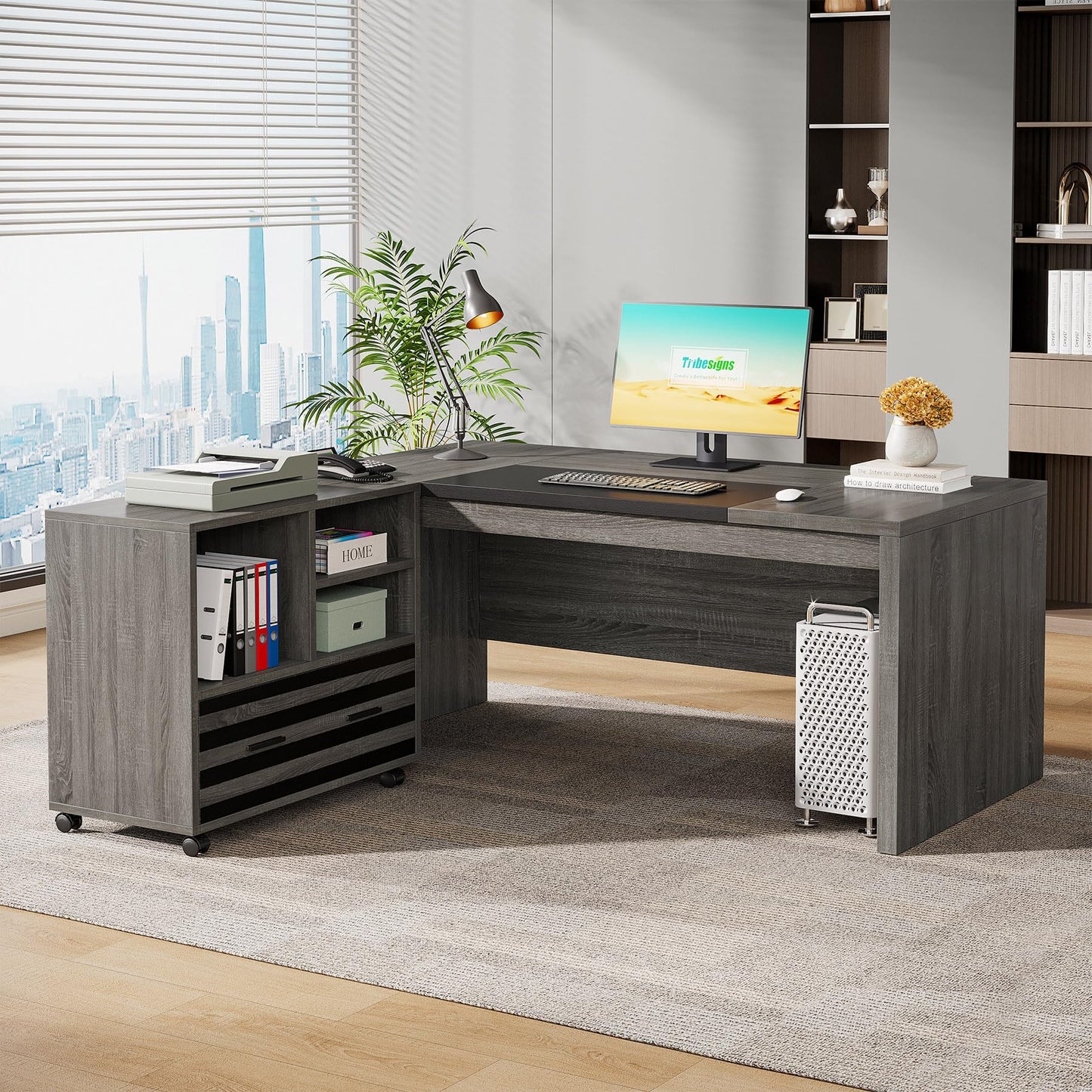 Tribesigns 62.2" Executive Desk with Mobile File Cabinet, L-Shaped Office Desk with Storage Shelves, Large Computer Workstation for Home Office, Light Brown
