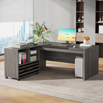 Tribesigns 62.2" Executive Desk with Mobile File Cabinet, L-Shaped Office Desk with Storage Shelves, Large Computer Workstation for Home Office, Light Brown
