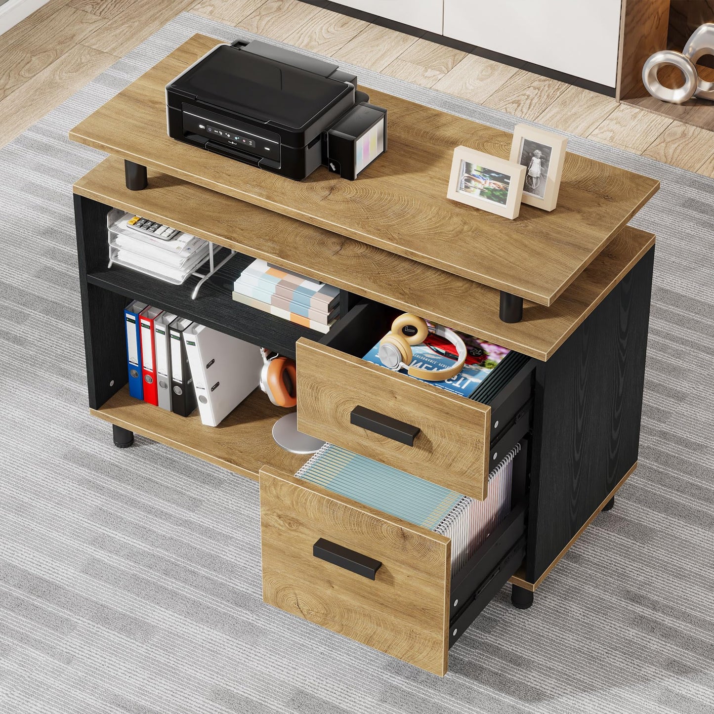 Tribesigns 63 Inch Executive Desk with File Cabinet, Large Office Desk L Shaped Computer Desk with Drawers and Storage Shelves, Business Furniture Desk Workstation for Home Office, Brown and Black