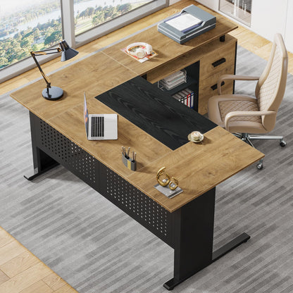 Tribesigns 63 Inch Executive Desk with File Cabinet, Large Office Desk L Shaped Computer Desk with Drawers and Storage Shelves, Business Furniture Desk Workstation for Home Office, Brown and Black