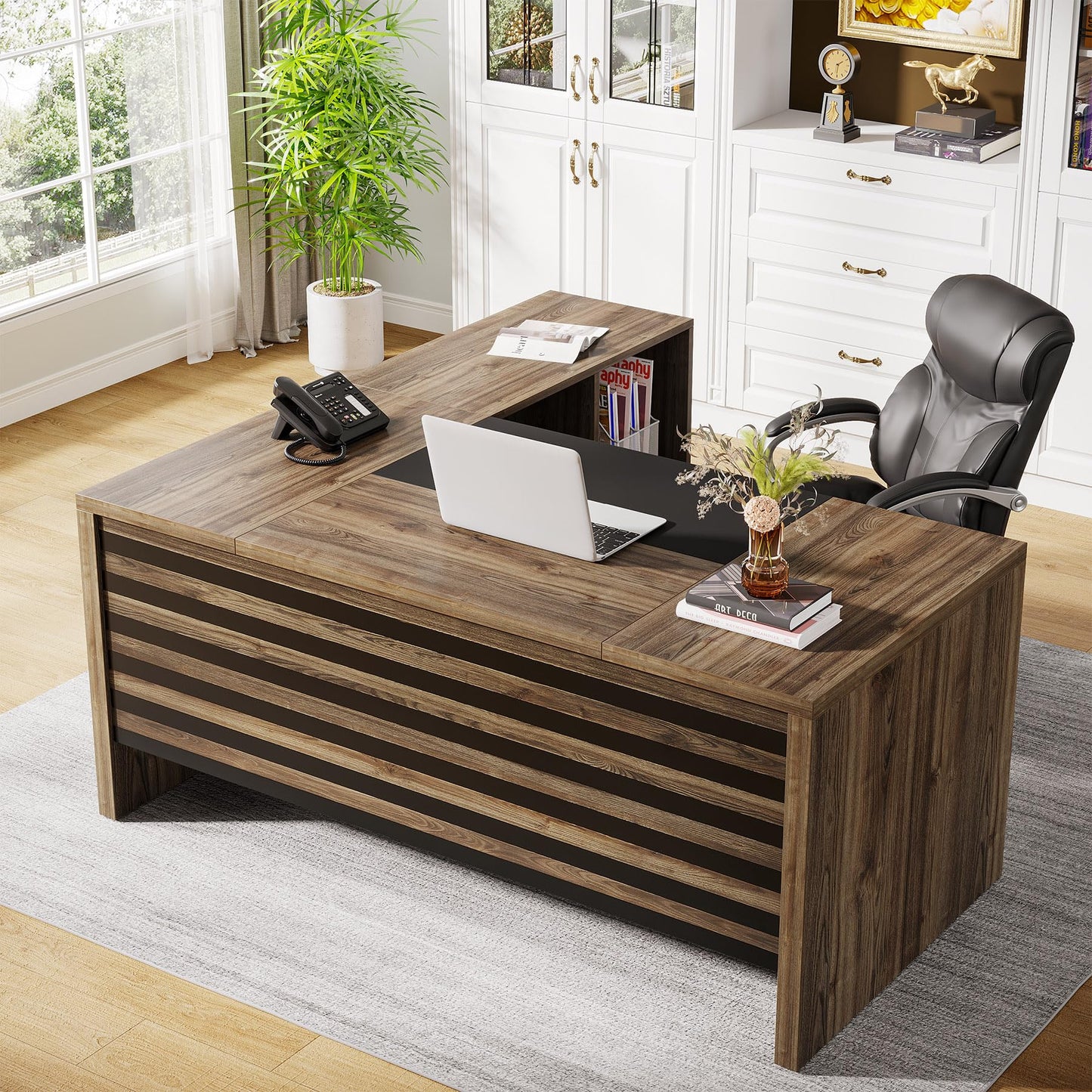 Tribesigns 62.2" Executive Desk with Mobile File Cabinet, L-Shaped Office Desk with Storage Shelves, Large Computer Workstation for Home Office, Light Brown