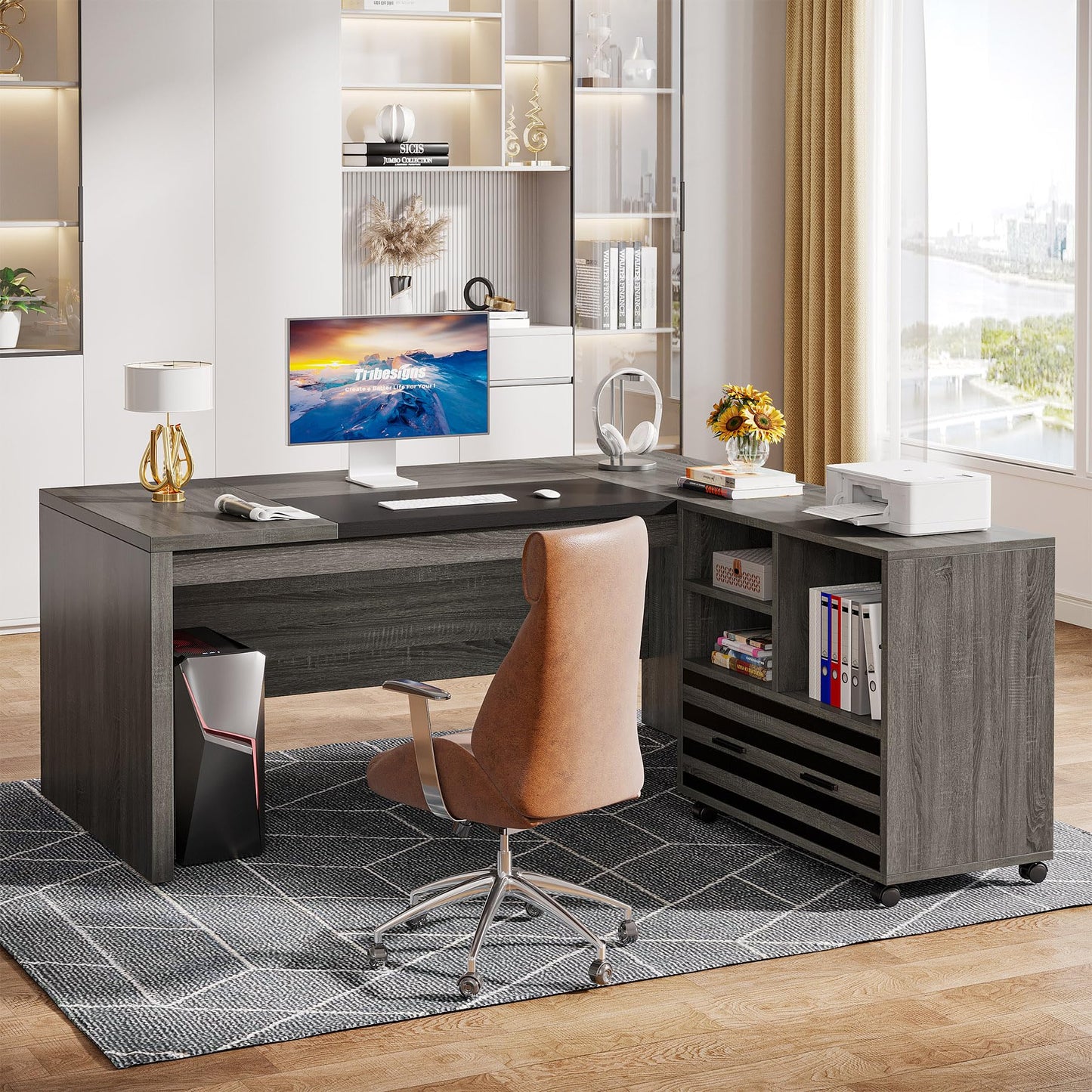 Tribesigns 62.2" Executive Desk with Mobile File Cabinet, L-Shaped Office Desk with Storage Shelves, Large Computer Workstation for Home Office, Light Brown